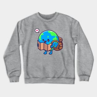 Cute Earth Globe Backpacker Holding Map Cartoon Crewneck Sweatshirt